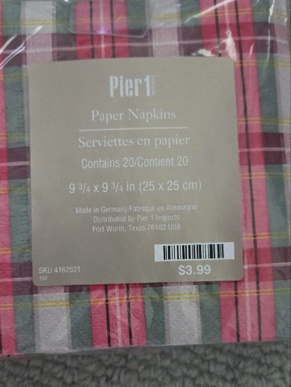 Plaid Pink Green Cocktail Napkins - Set of 10